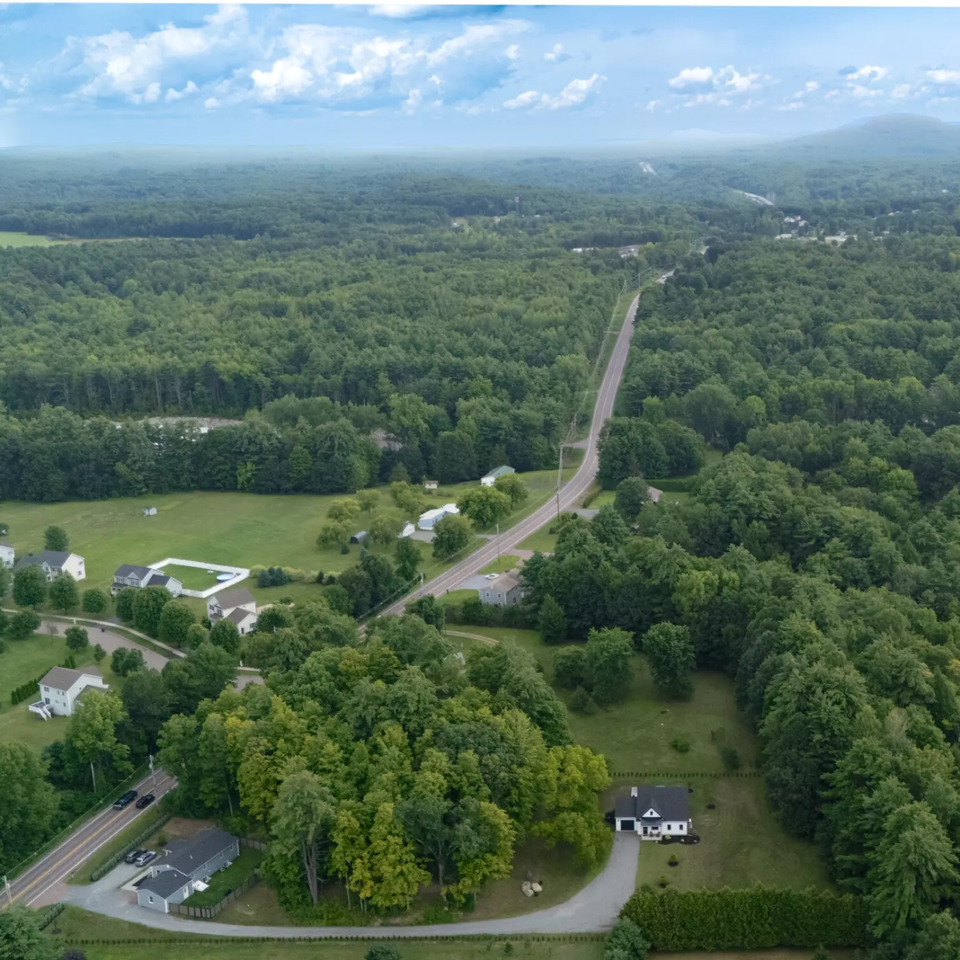 Aerial view of lush green landscape with houses and a winding road.