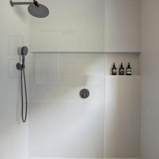 Modern shower with glass walls, rain showerhead, handheld shower, and neatly arranged bottles.