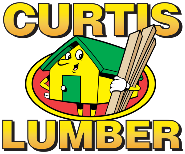 Cartoon character holding lumber next to the text "CURTIS LUMBER" in bold letters.